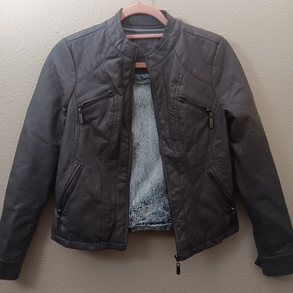 Gray Vegan Leather Fur Lined Jacket